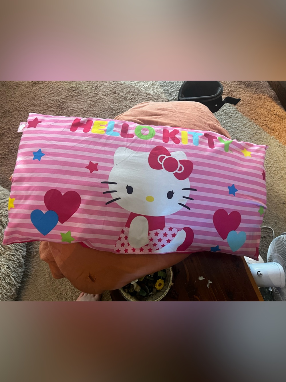 Hello Kitty Pink Striped XL Pillow with Hearts & Stars
